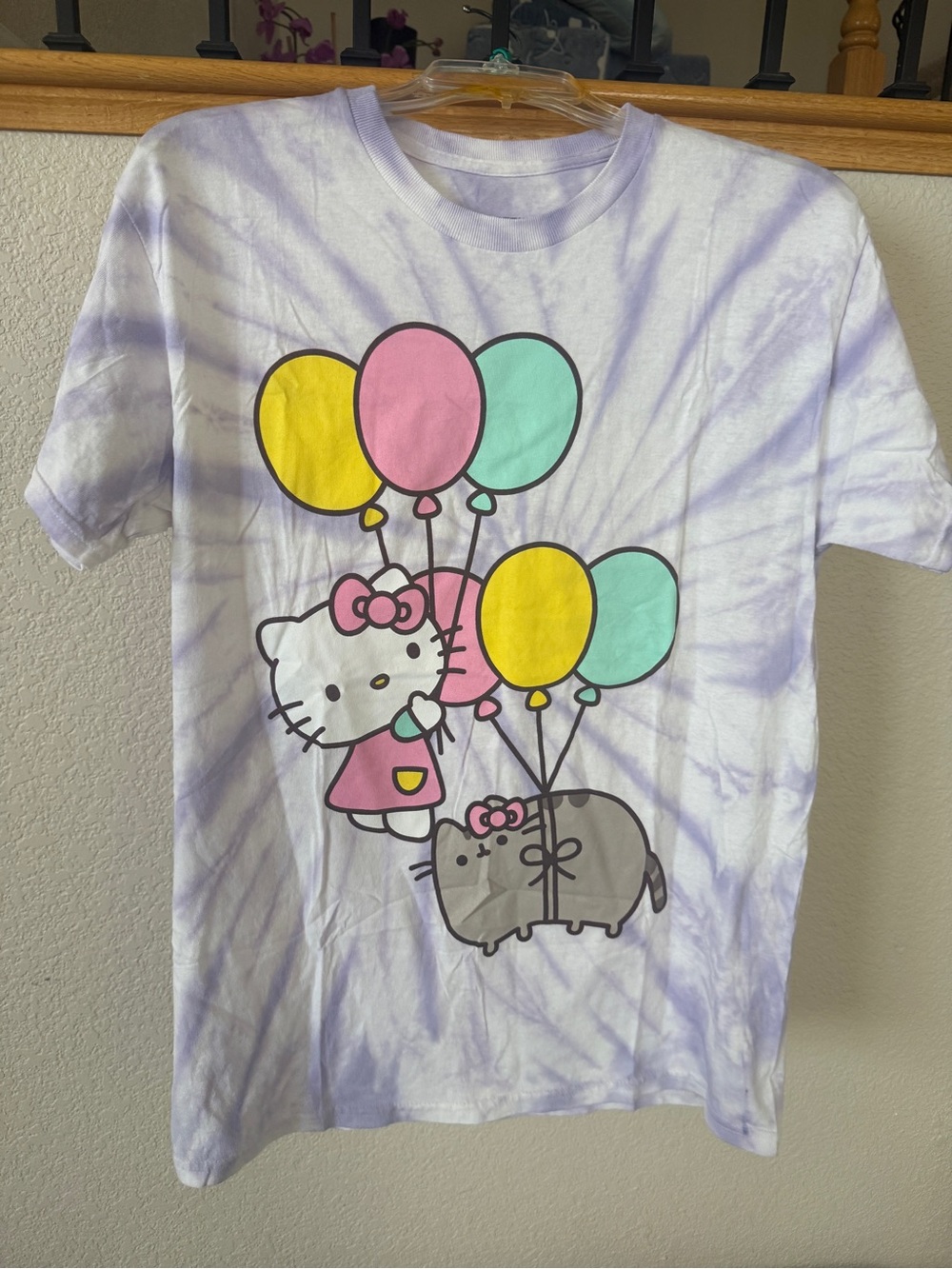 Hello Kitty Pusheen Lavender Tie-Dye Tee with Pastel Balloons Adult Medium